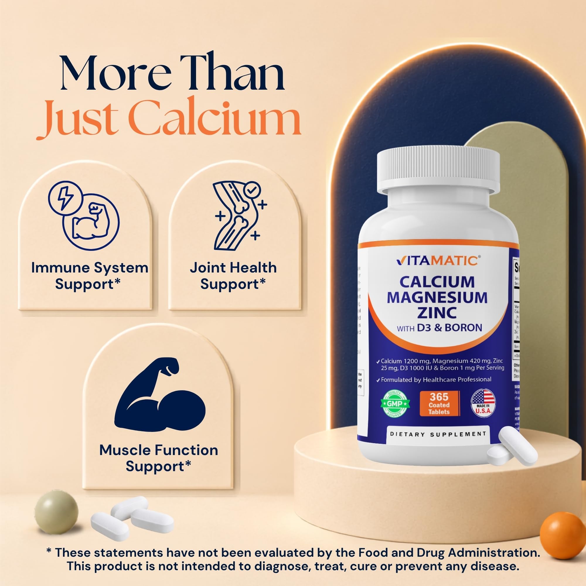 Vitamatic Calcium Magnesium Zinc D3 Boron | 365 Coated Tablets Supplement | Calcium 1200 mg, Magnesium 420mg, Zinc 25mg, Vitamin D3 1000 IU, Boron 1 mg | Non-GMO | Gluten Free | Made in USA — Amazon image 5