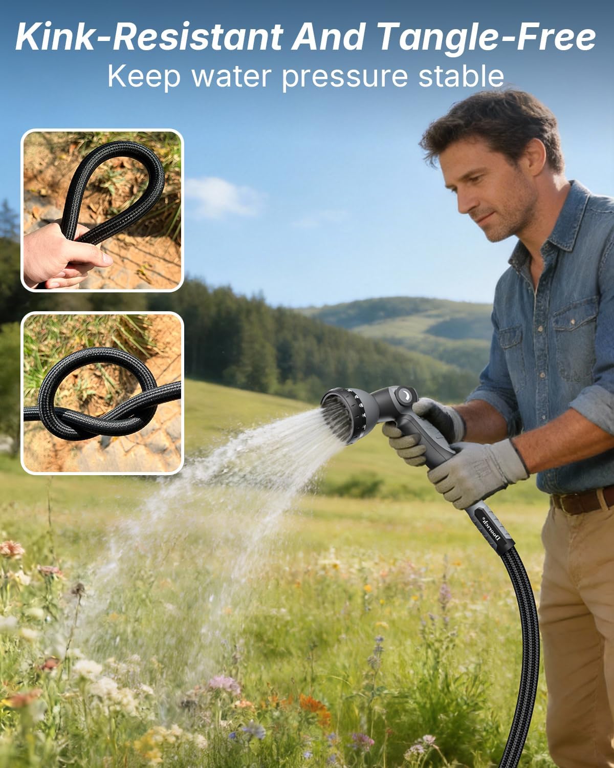 Garden Hose, Flexible Ultra Lightweight Durable, Kink-Free Water Hose with 10 Function Sprayer - Non-Shrinking, Easy to Store, All-Weather, High-Pressure, Black (50 FT)