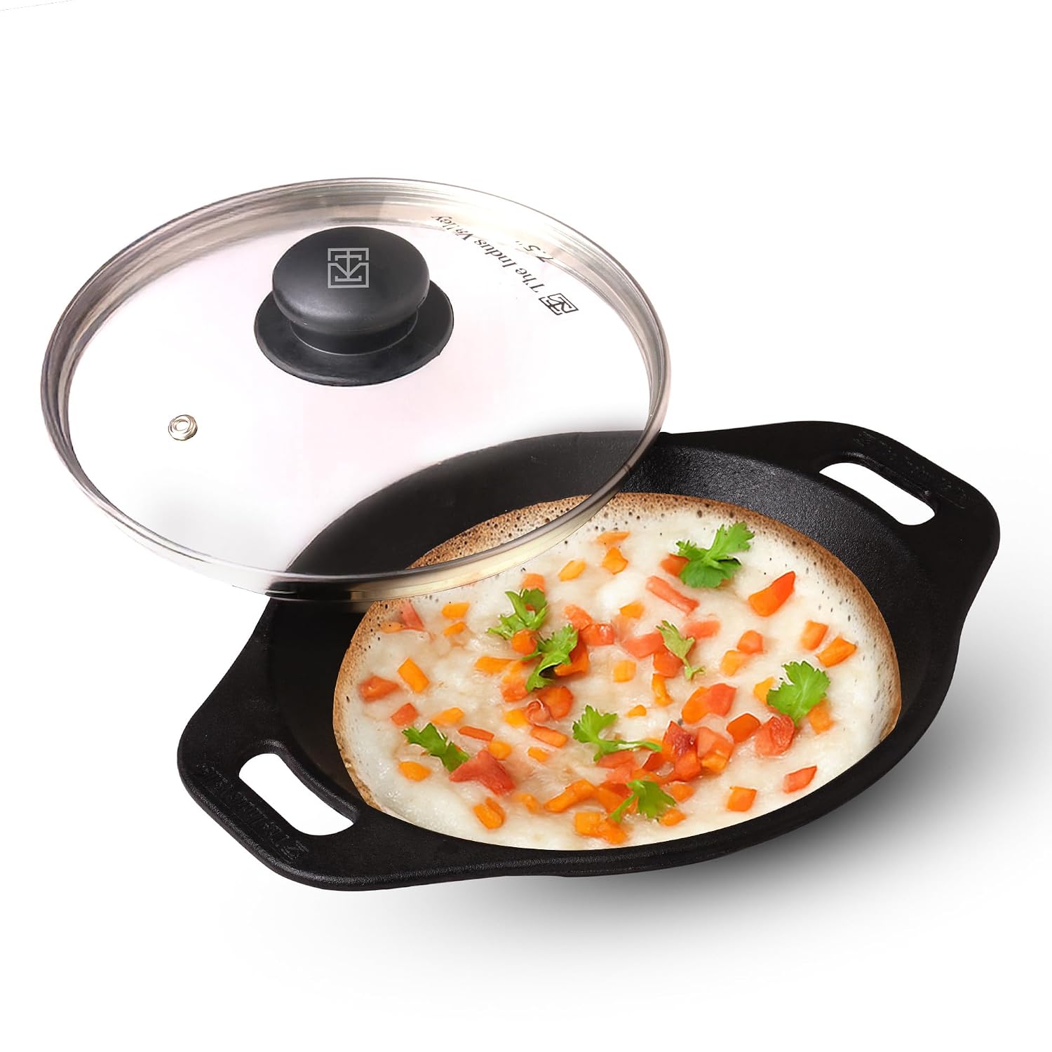 The Indus Valley Pre-Seasoned Cast Iron Appam Pan/Appachatty/Chetty Pan/Appam Patra with Glass Lid | 22.2 Cm/8.7 Inch, 1.5