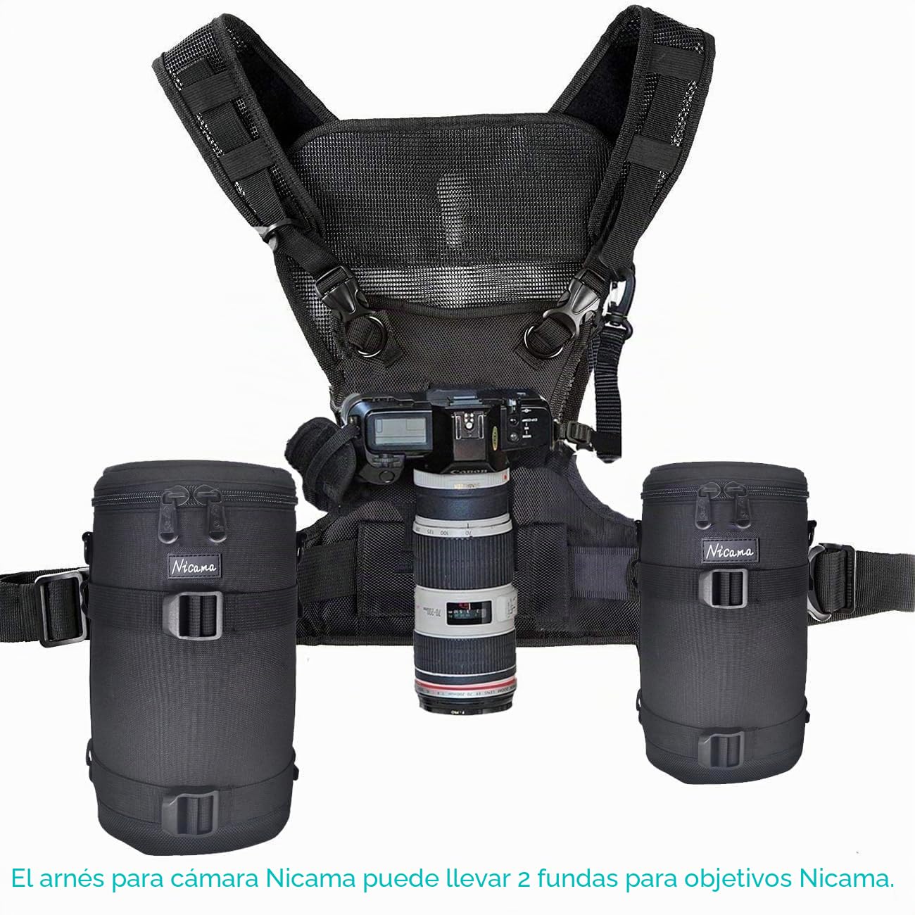 Nicama Arnés de Correa para cámara de Doble Hombro Correa de sujeción, Arnés de Pecho con Bujes de Montaje y Correas de Seguridad de Respaldo para Senderismo Canon Nikon Sony Sigma Olympus DSLR