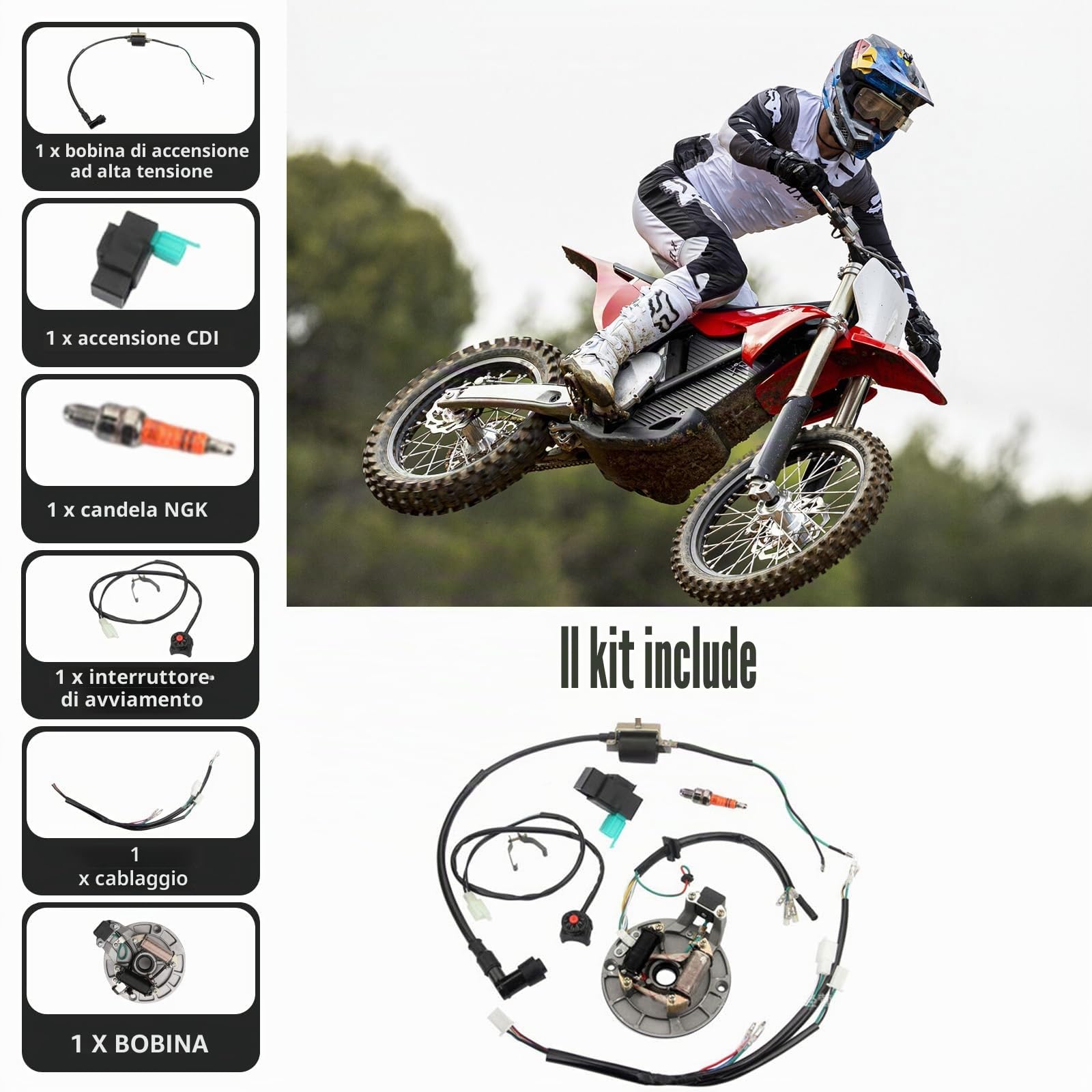 Baceyong - Kit di bobina di accensione con cablaggio elettrico, magnete e statore per risolvere guasti elettrici Compatibile con moto da cross a 4 tempi da 50 cc, 70 cc, 110 cc, 125 cc