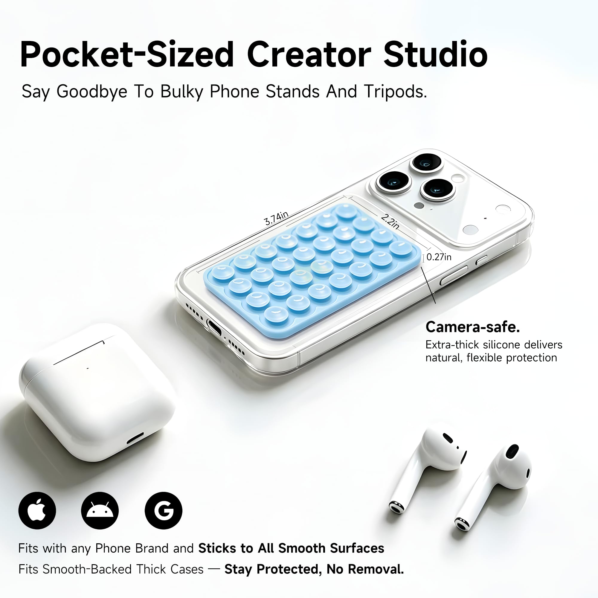 Funda de silicona con ventosa de doble cara para teléfono, soporte desmontable, manos libres, reutilizable, fácil de limpiar, soporte de agarre fuerte para selfies y videos, compatible con iPhone y