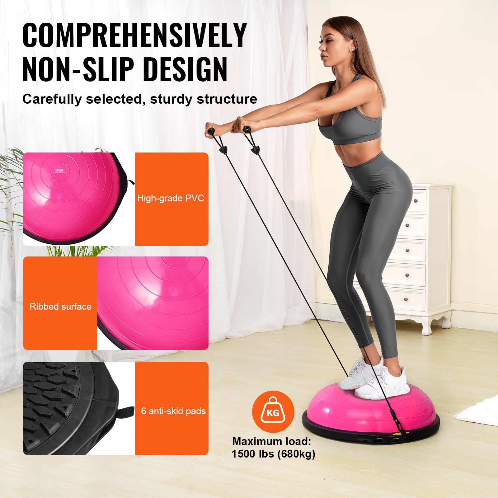 VEVOR Halb-Gymnastikball-Trainer, 66 cm Balance-Ball-Trainer, 680 kg Tragkraft Stabilitätsball, Yoga-Ball mit Widerstandsbändern & Fußpumpe, Yogaball Kraft-Fitnessball im Heim-Fitnessstudio, Rosa