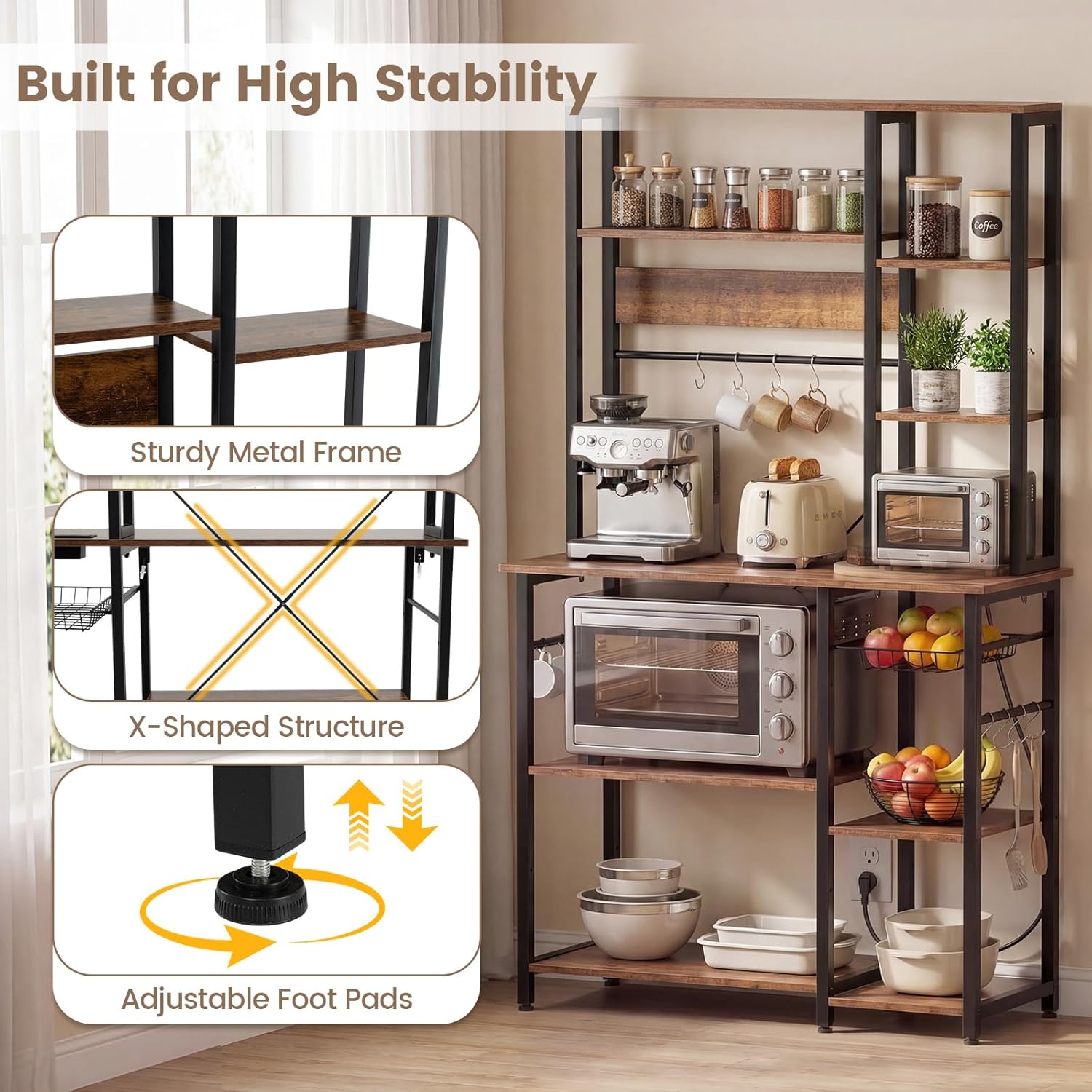 LOKO Industrial Bakers Rack with Power Outlet, 6-Tier Microwave Stand, Large Coffer Bar with 12 S-Shaped Hooks and Wire Baskets, Metal Kitchen Shelf Rack with Storage, 39 x 16 x 67 in, Rustic Brown