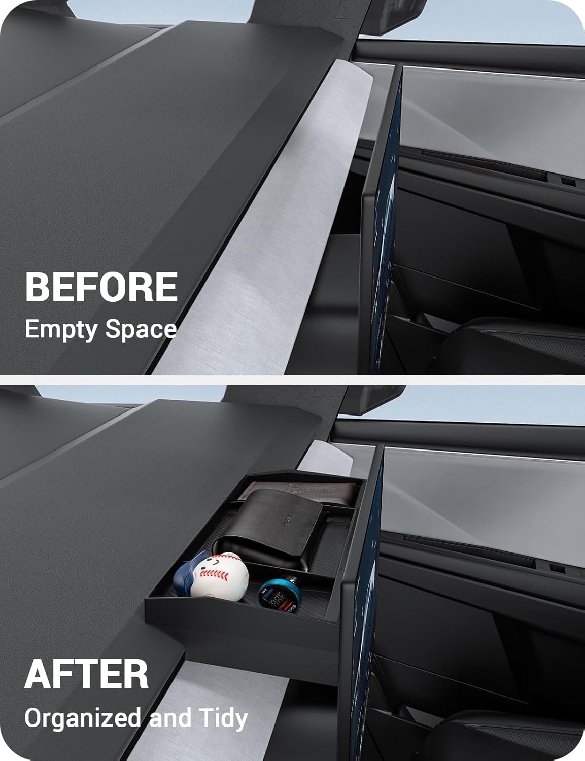 BASENOR Behind Screen Storage for Tesla Cybertruck Accessories 2024-2026, (Proprietary Design) Custom-Fit Center Console Sunglasses Holder & Hidden Dashboard Storage Tray Cybertruck (2024-2025) Behind Screen