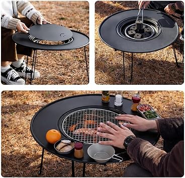 Katlanabilir Kamp Masası, Izgaralı Mangal Özellikli, Taşınabilir Outdoor Piknik Masası, Siyah, Yuvarlak