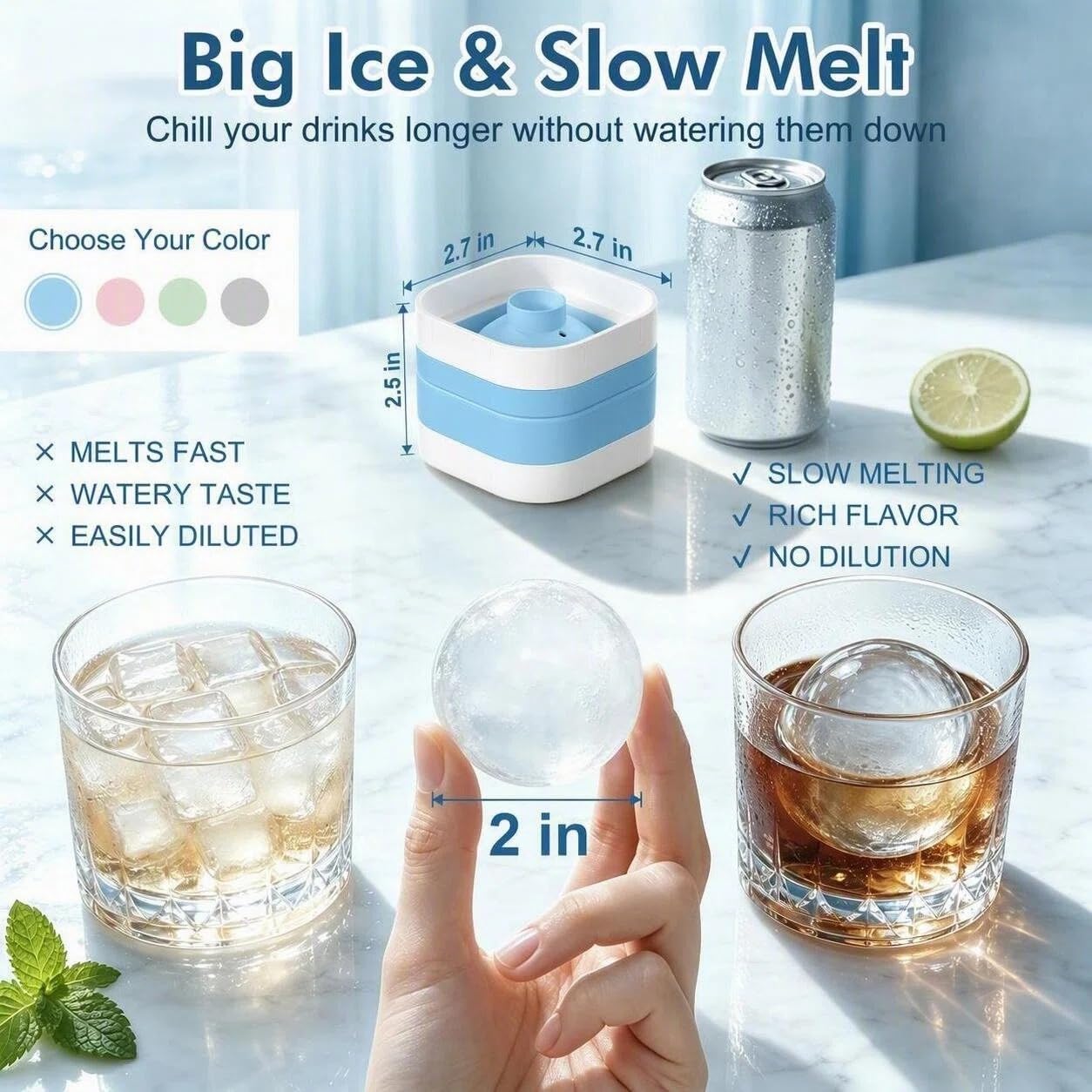 Ice Ball Maker Mold with Lid - 4 Pack, 2 Inch Round Freezer Tray,Blue