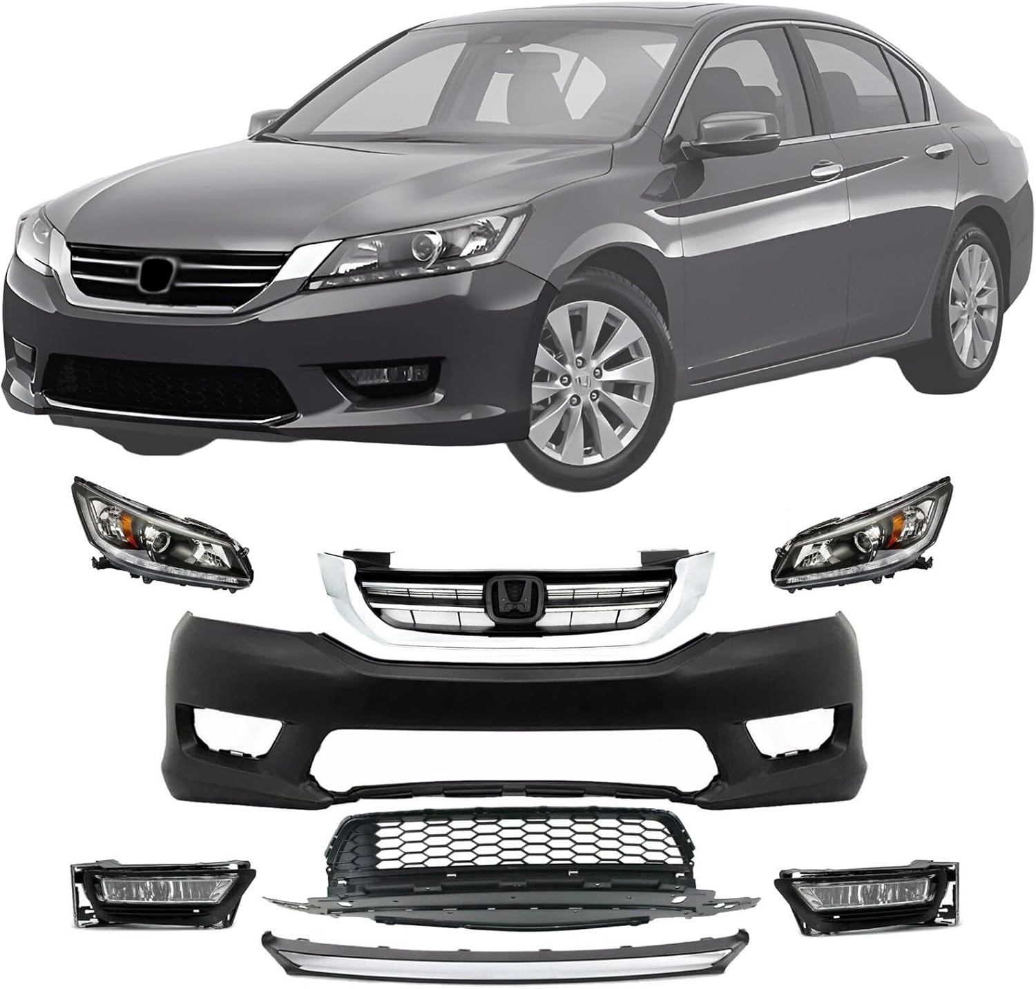 Front Bumper Cover Fascia & Grille Assembly Kit Fit for H0NDA Accord 2013-2015 Bumper Grille Cover Headlight Kit