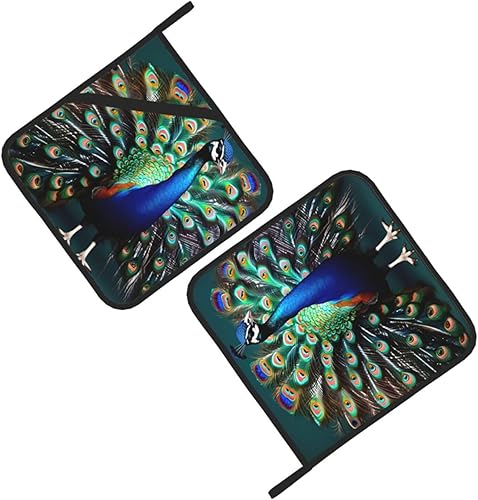 Miniatura 3 de Juego de almohadillas calientes de 8 x 8 pulgadas con estampado de pavo real, antideslizante, resistente al calor, para hornear cocinar y cocinar