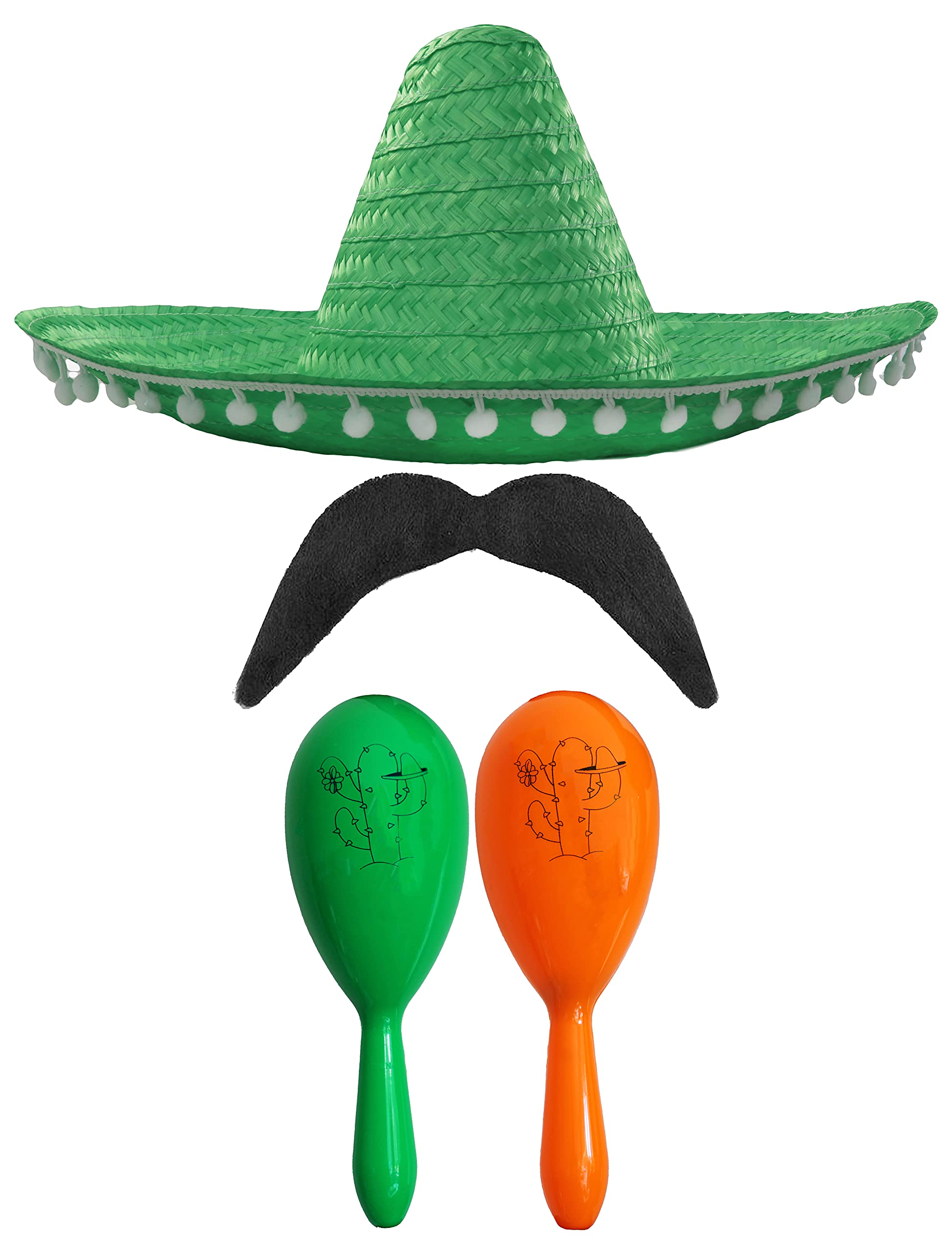 Adults Mexican Accessory Set - Green Mexican Sombrero, Green & Orange Maracas, Moustache - Mexican Cinco de Mayo Sensorita Bandit Mariachi Fancy Dress Costume Accessory Set โ image 1