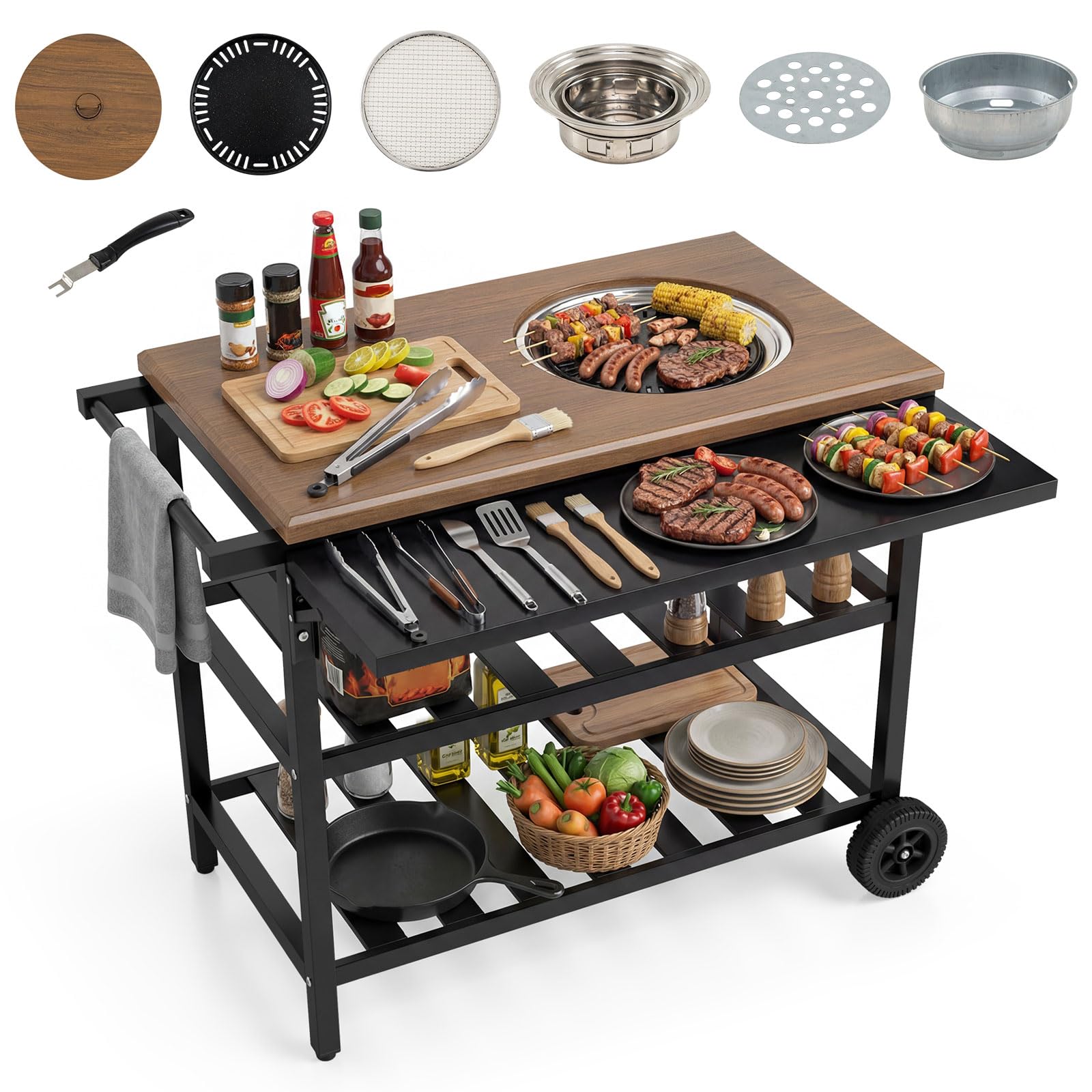 COSTWAY Outdoor Grill Dining Cart, Patio Metal Food Prep Station BBQ Table with Korean BBQ Grill, Folding Side Panel and 2 Shelves, Portable Charcoal Grill on Wheels for Garden, Backyard, Camping