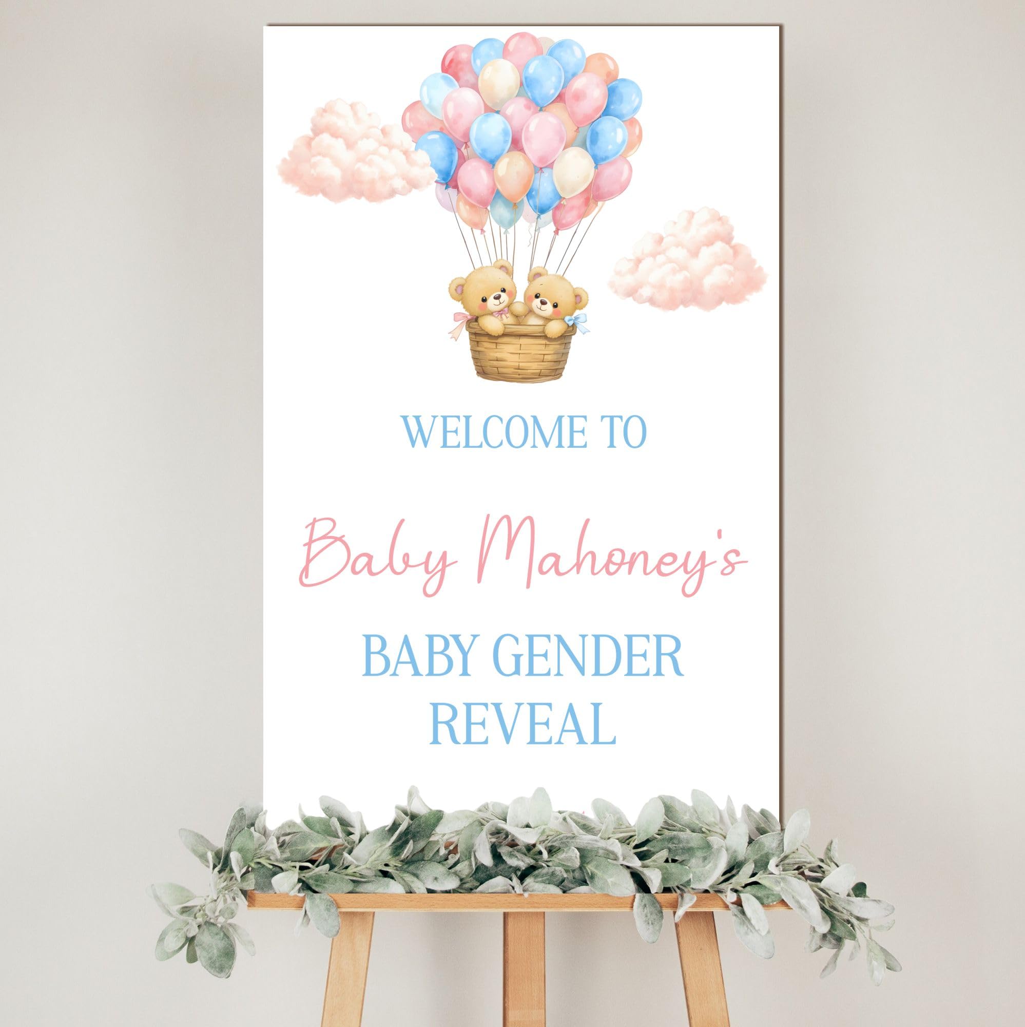 Personalised Baby Gender Reveal Welcome Party Board in Wood 11 Designs Elephants, Teddy Custom Name/s & Date Is It a Boy or Girl Reveal Party Sign (Teddies hot air balloons)