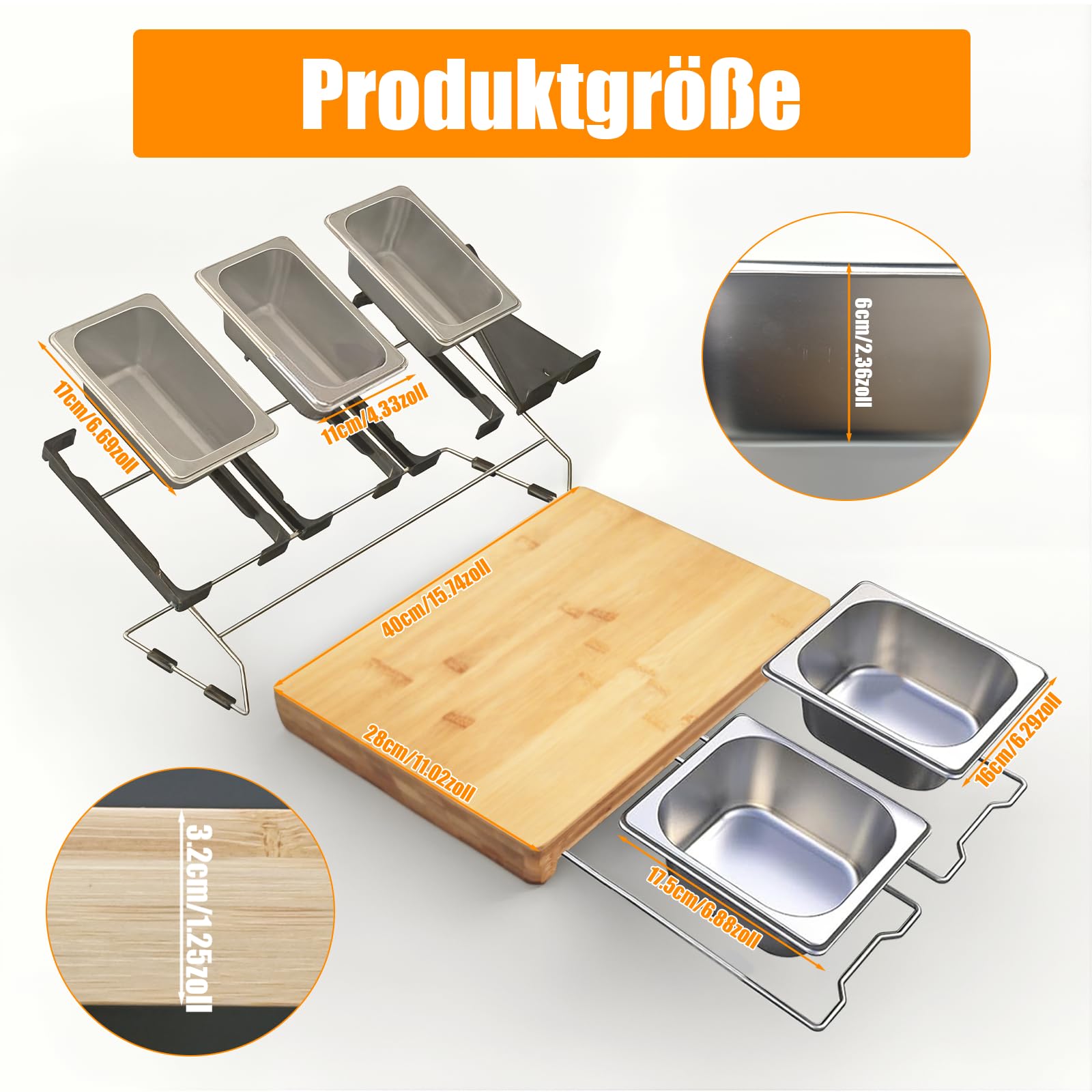 Tabla de cortar con bandeja colectora de madera de bambú orgánico, tabla de cortar extra grande y extensible, incluye 5 cajas de almacenamiento de alimentos de acero inoxidable y 1 soporte para