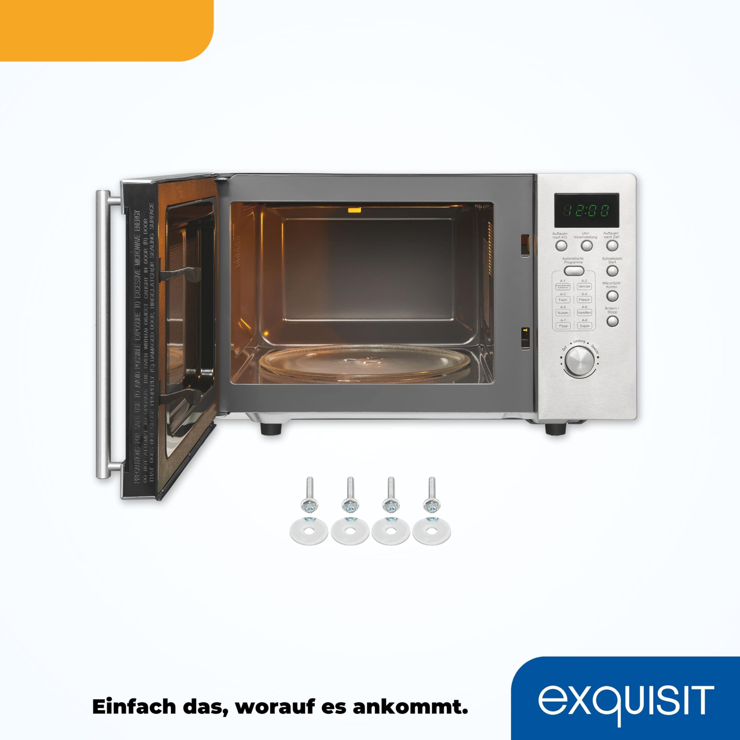 Exquisit Unterbau-Mikrowelle mit Grill - 800 W, 20 L, Inox | Mikrowelle unterbaufähig mit 1000-W-Grill, Kindersicherung, Schnellstart & Drehteller 245 mm