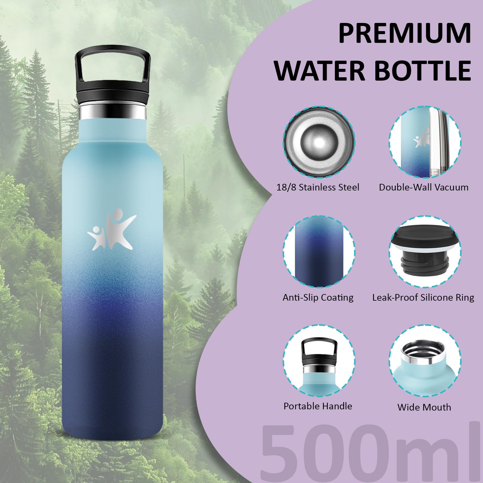 Grsta Botella Agua Acero Inoxidable, Botella Termica 500ml, A Prueba de Fugas, Cantimplora con Pajita, Mantiene 24H Frio/12H Calor, Cantimplora Infantil, Termo para la Oficina, Cámping, Yoga, Escuela