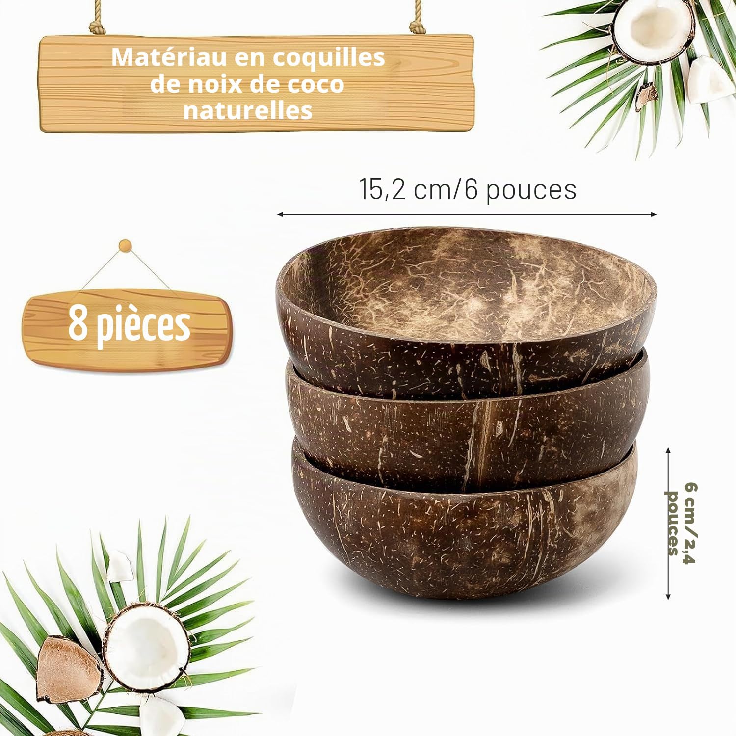 Lot de 8 bol en noix de coco naturelle - 450 ml - Bol Bouddha pour smoothie et salade d'açaï - Décoration de cuisine