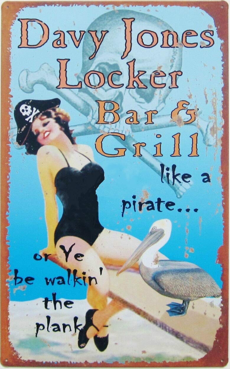 Davy Jones Locker Bar and Grill Pirate Pin-up Girl Metal Tin Sign Captain Pirate Bar Pub Man Parking Cave Kitchen Plaque Party Friendship Gift for Man 8x12inch Plaque