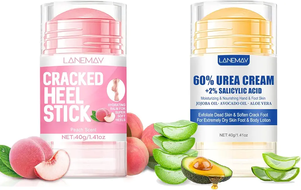 Petansy Creme Reparador Para Mãos E Pés, Bálsamo Em Bastão Com Aroma De Pêssego Para Calcanhares Rachados + Creme Em Bastão Com Ureia, Creme Para Mãos E Pés Para Calosidades E Pés Ressecados, Mãos