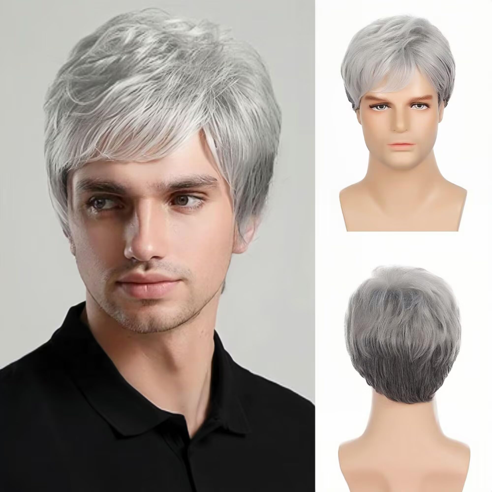 Tseses Grey Short Wigs for Men Natural Layered Synthetic Hair Cosplay Halloween Costume Wigs for Male Guy