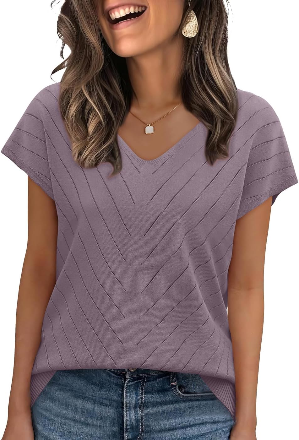 OFEEFAN Womens Sweaters Short Sleeve V Neck Summer Tops Trendy Fashion Business Casual Outfits Dressy Clothes