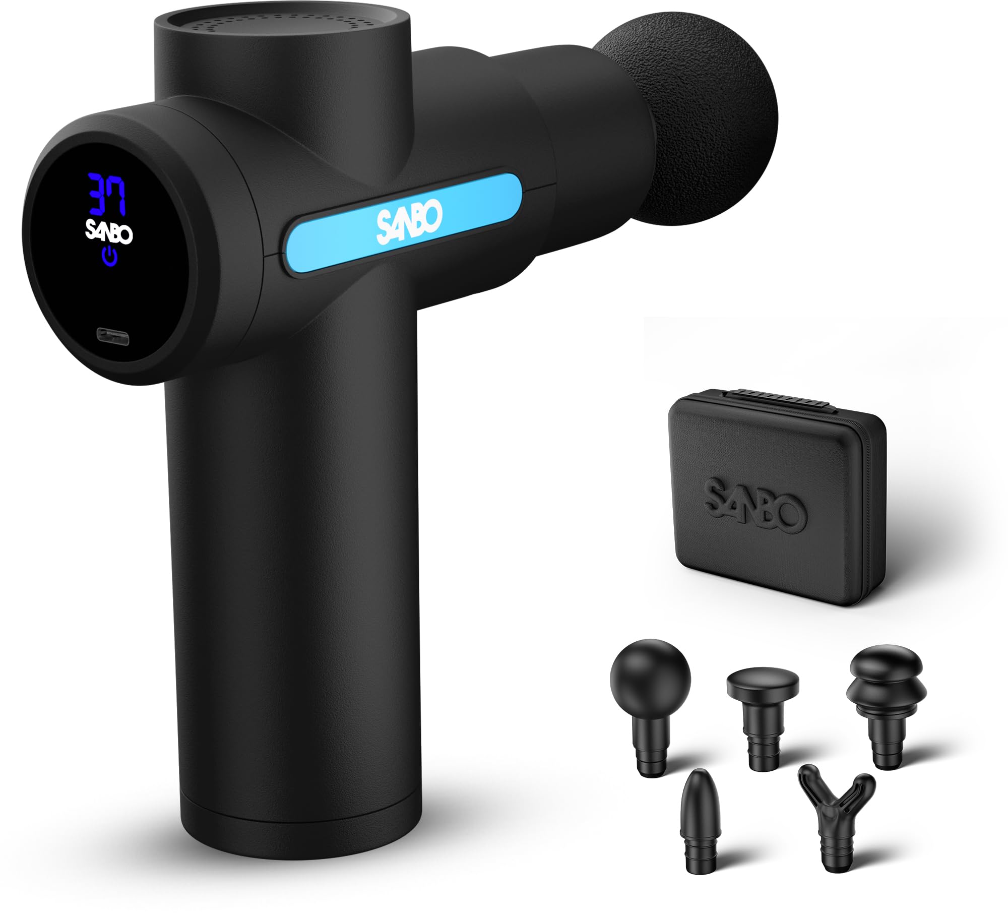 Sanbo Pistolet de Massage Musculaire Appareil de Massage Masseur de Muscle Profonds avec 6 Niveaux Réglables, 5 Têtes de Massage et l'Écran LCD Pour Soulager Douleurs et Raideurs Musculaires (Gen 2)