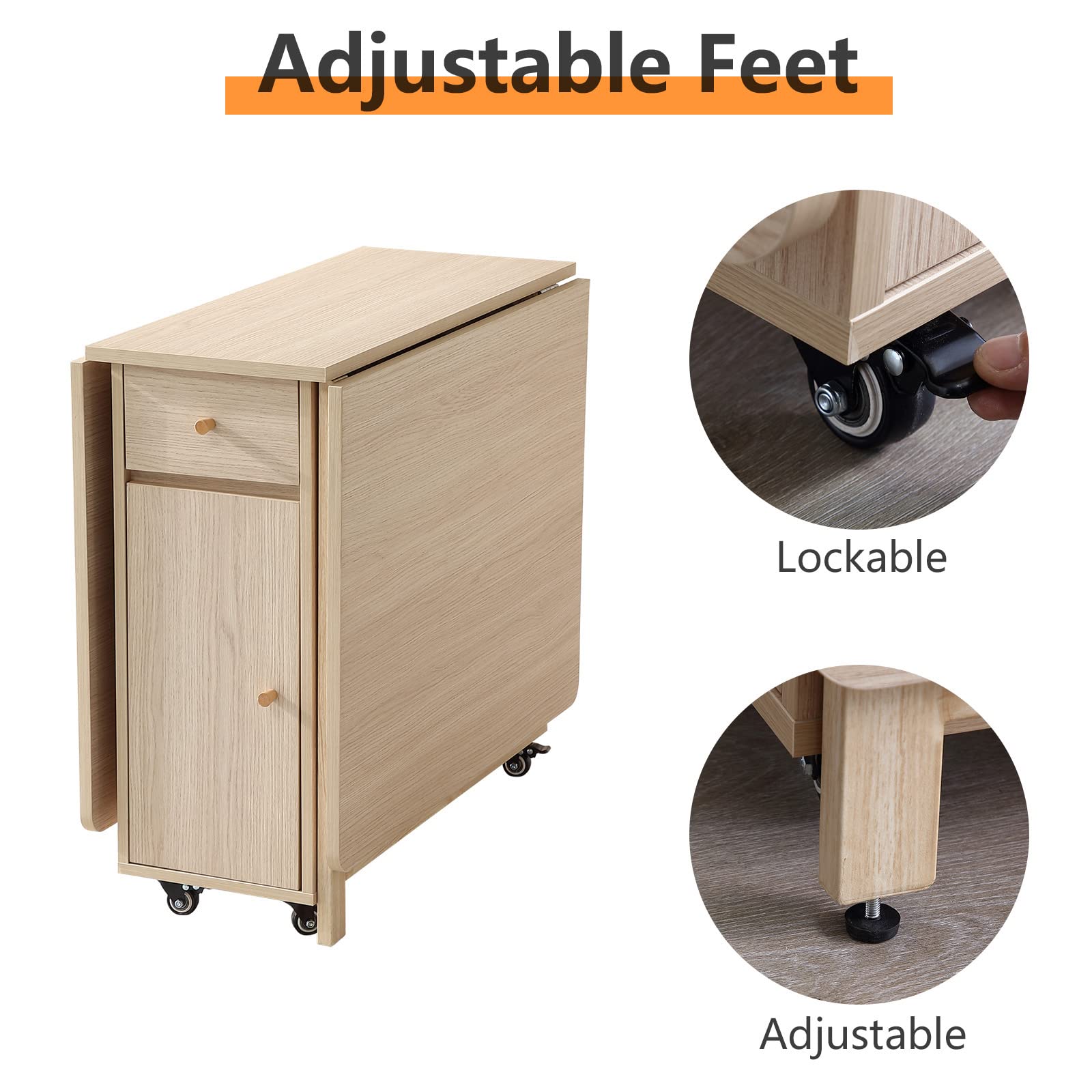 Mesa de comedor plegable extensible con 2 cajones y 4 ruedas para sala de estar, cocina, casa de campo, mesa de ahorro de espacio en color madera 9