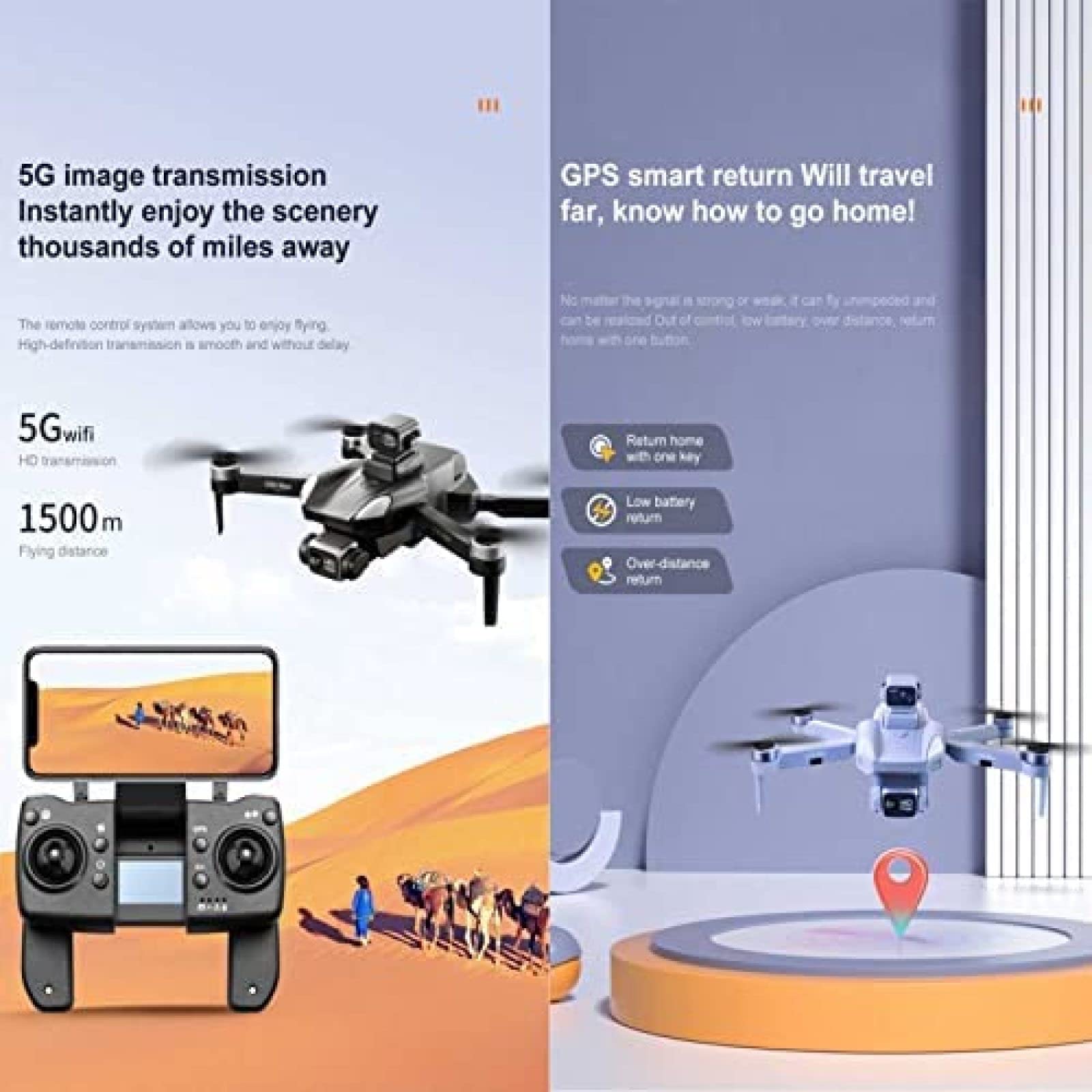 Droni con fotocamera per adulti Drone 4K per evitare ostacoli 60 minuti di volo 1 km Portata del telecomando Drone GPS Ritorno automatico a casa Quadricottero RC senza spazzole,Bianca