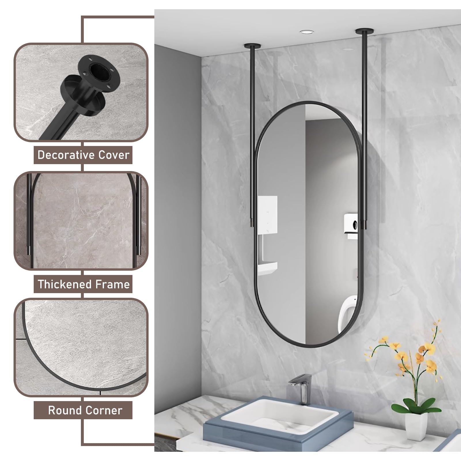 Owalne lustro do sufitu wiszące montowane lustro z czarną metalową ramą, dekoracyjne proste lustro do toaletki dom przedpokój sypialnia łazienka salon(50cmx60cm)