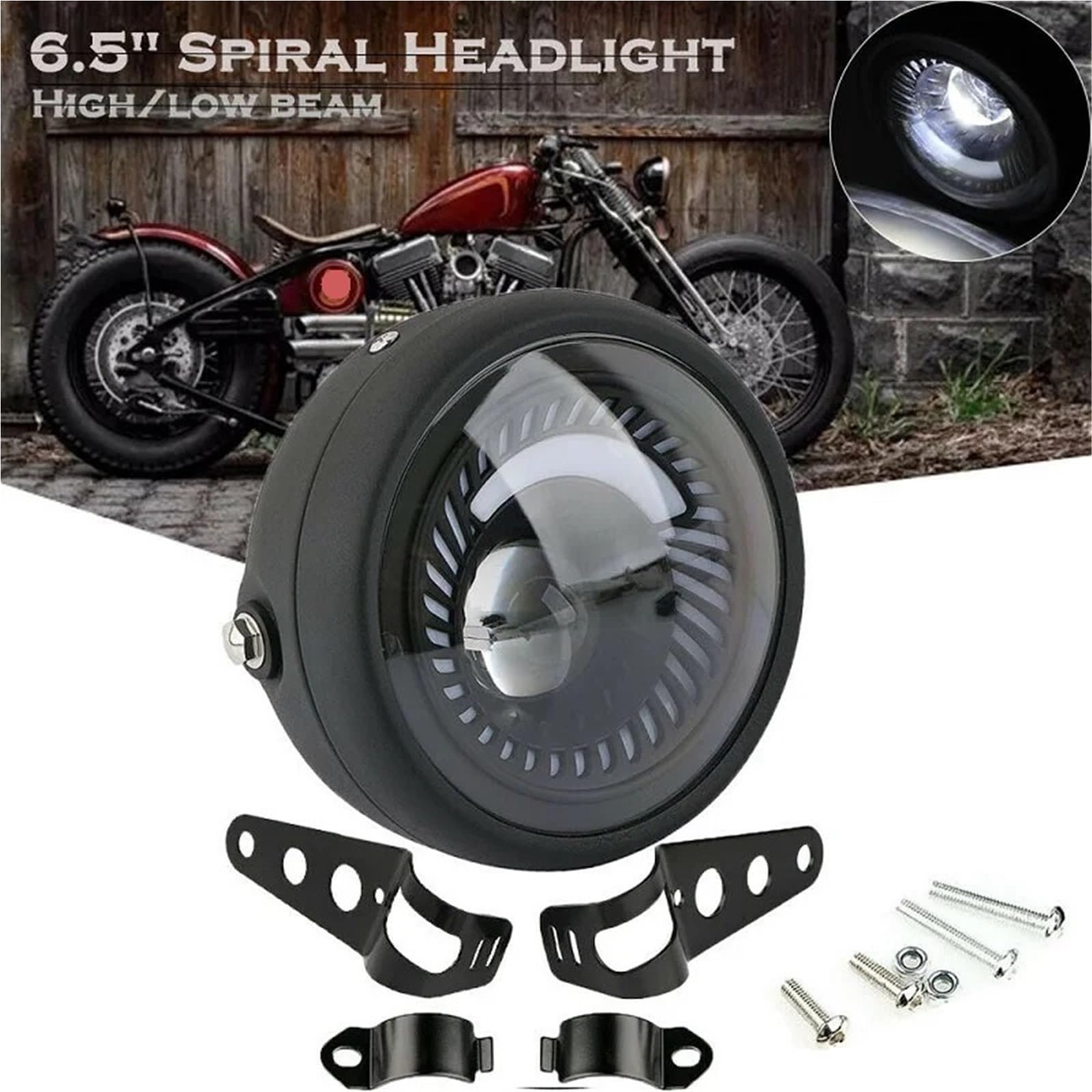 reflektory przednie Pasuje do reflektora motocyklowego Cafe Racer Bobber 6,5 cala LED spiralny biały uchwyt boczny akcesoria