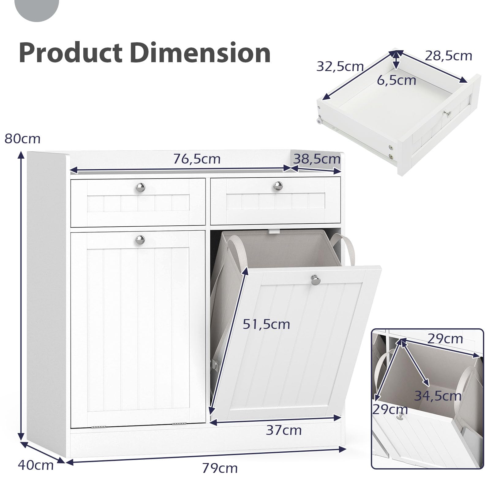 LIFEZEAL Armario para la Colada con Cestas y Cajón, Bolsillos Interiores Extraíbles con Asas, Armario para Baño, Blanco, 79 x 40 x 80 cm