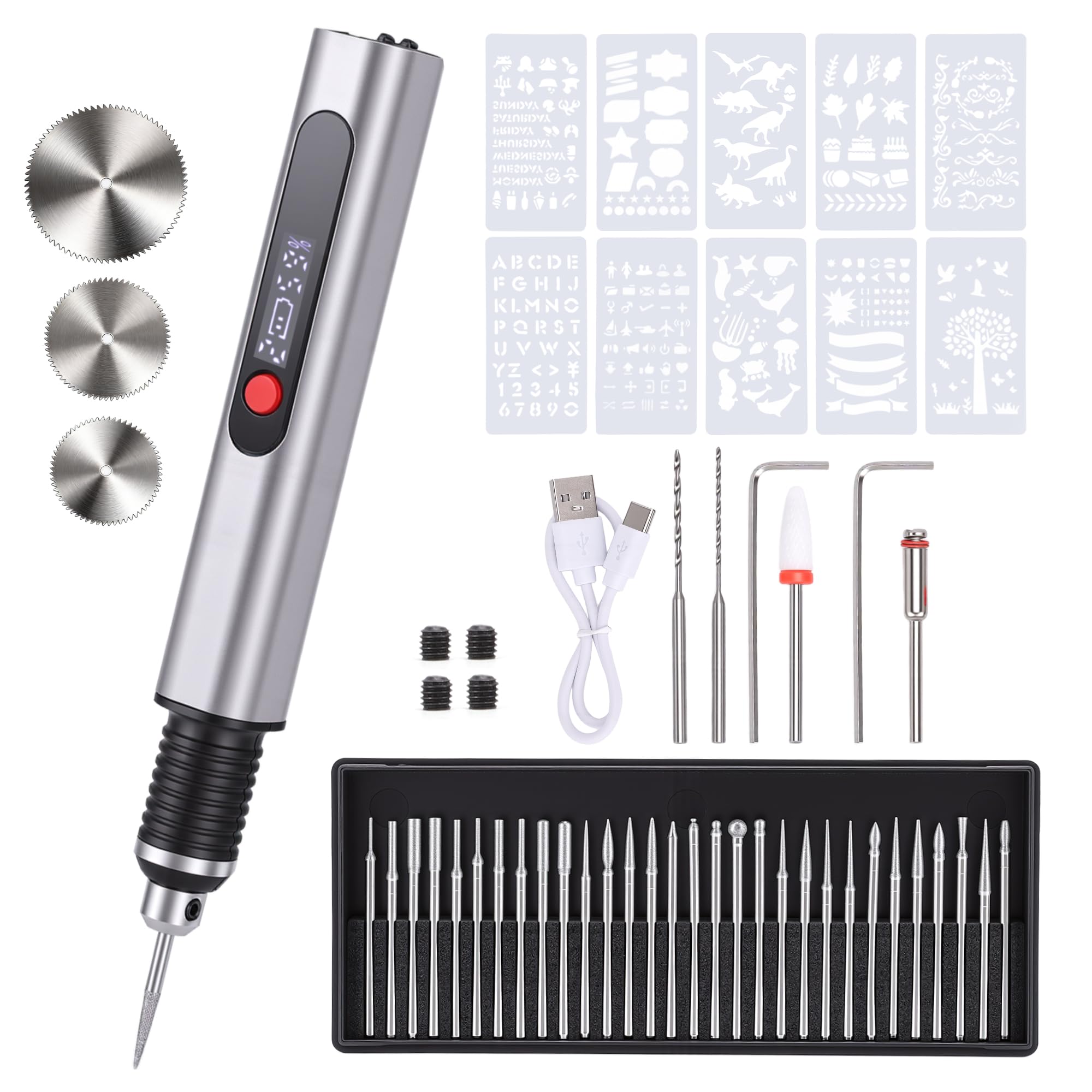 Mini Grabadora Eléctrica Inalámbrica, Pirograbador de Madera con 30 Puntas y 3 Velocidades (Hasta 25000 RPM), Kit de Herramientas Recargable para Metal, Vidrio, Cerámica y Joyería