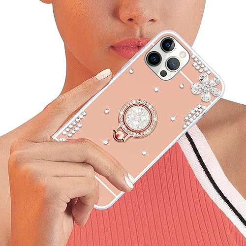 Miniatura 8 de Omorro Funda con espejo de maquillaje para iPhone 13 Pro Max para mujeres y niñas, cubierta de lujo con diamantes de imitación brillantes con anillo