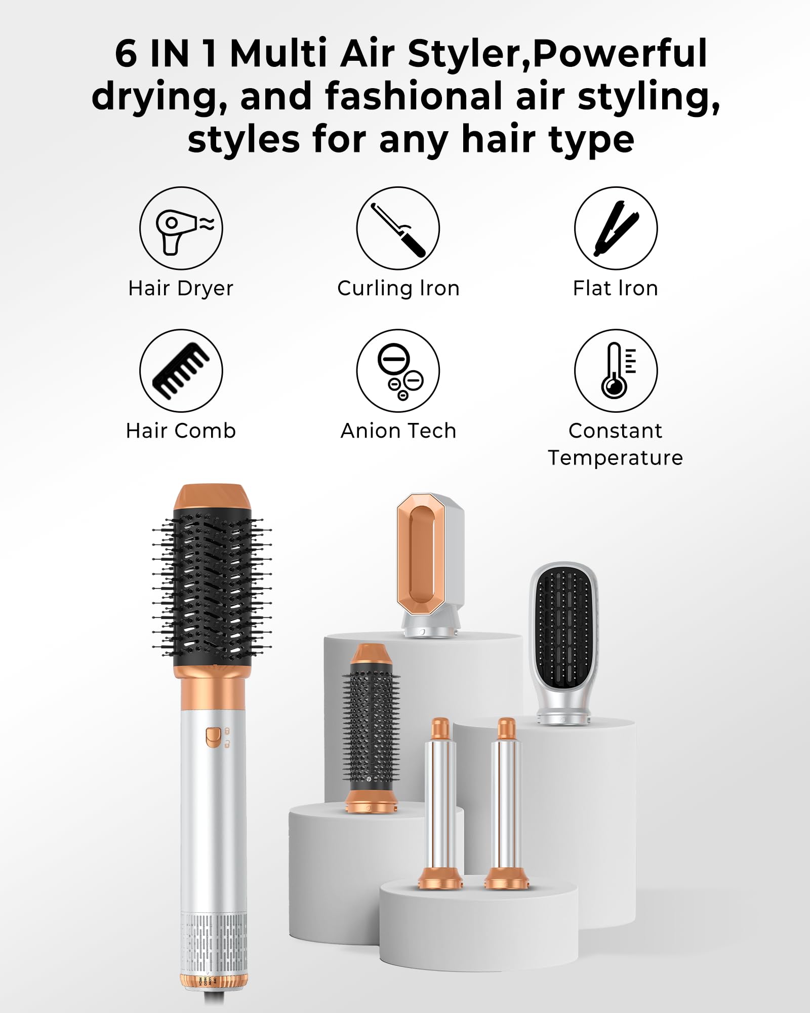 MogaWave Air Styler Pro 6 in 1 Hair Styler set con Asciugacapelli, Spazzola Phon per Capelli, Spazzola Aria Calda, Phon Arricciacapelli ad aria, Ricci, Volumizzant, Liscio