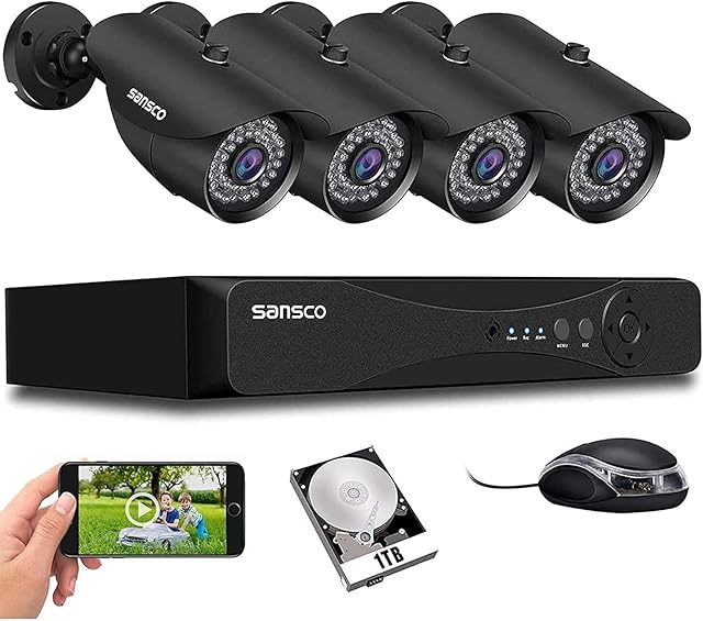 [TRUE 1080p] SANSCO CCTV Camera System, 4 Channel 5MP Surveillance DVR with (4) 2MP Outdoor Bullet Camera, 1TB Hard Drive (1920x1080p, Weatherproof, Motion Detection, Rapid USB Backup, Remote Access)