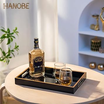 Hanobe Black Ottoman Serving Tray with Handles for Coffee Table Home Decor