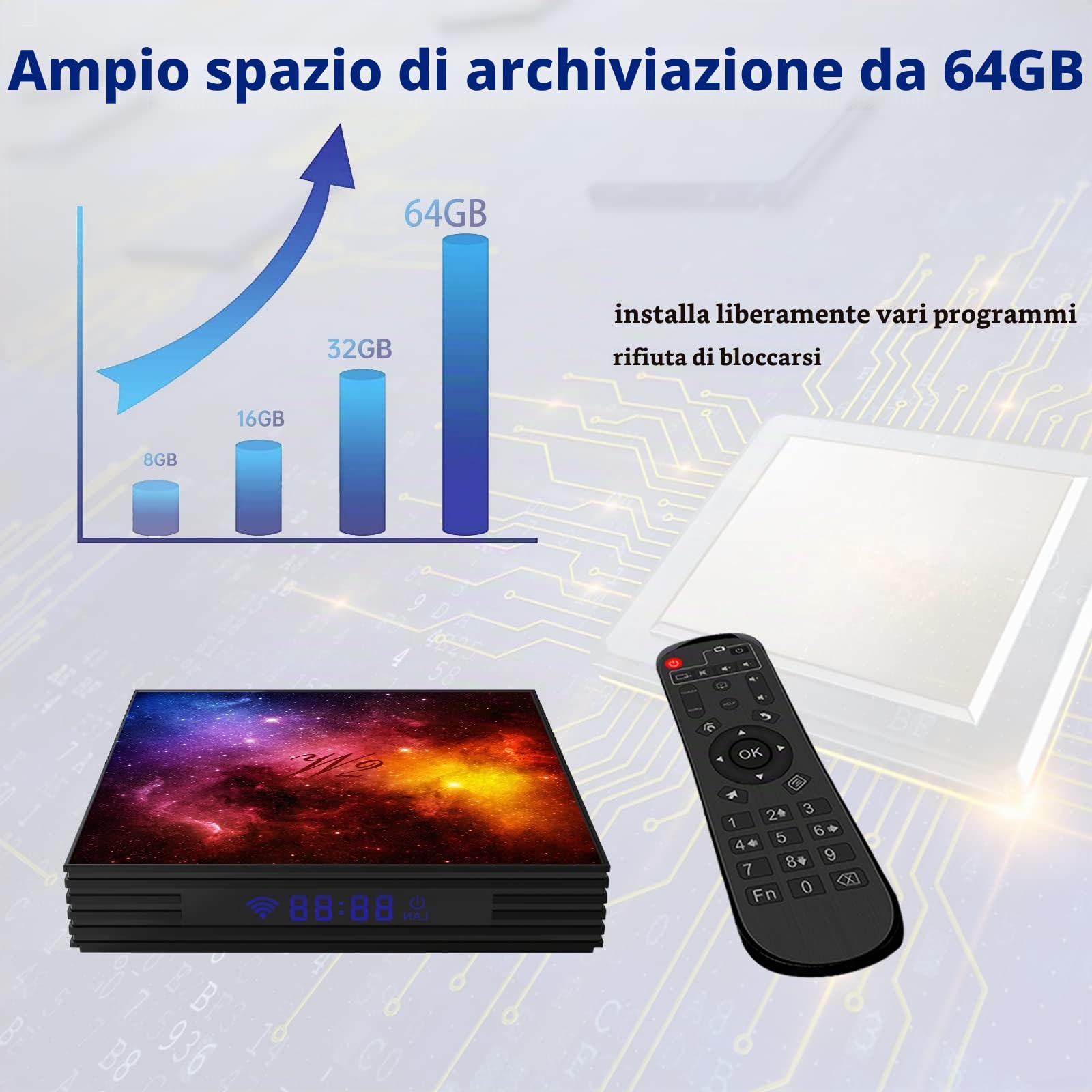 4K UHD TV Box Android 4GB RAM 64GB ROM, custodia TV supporto Wi-Fi 2.4G/5G, Bluetooth, HDMI, USB, mini tastiera senza fili inclusa