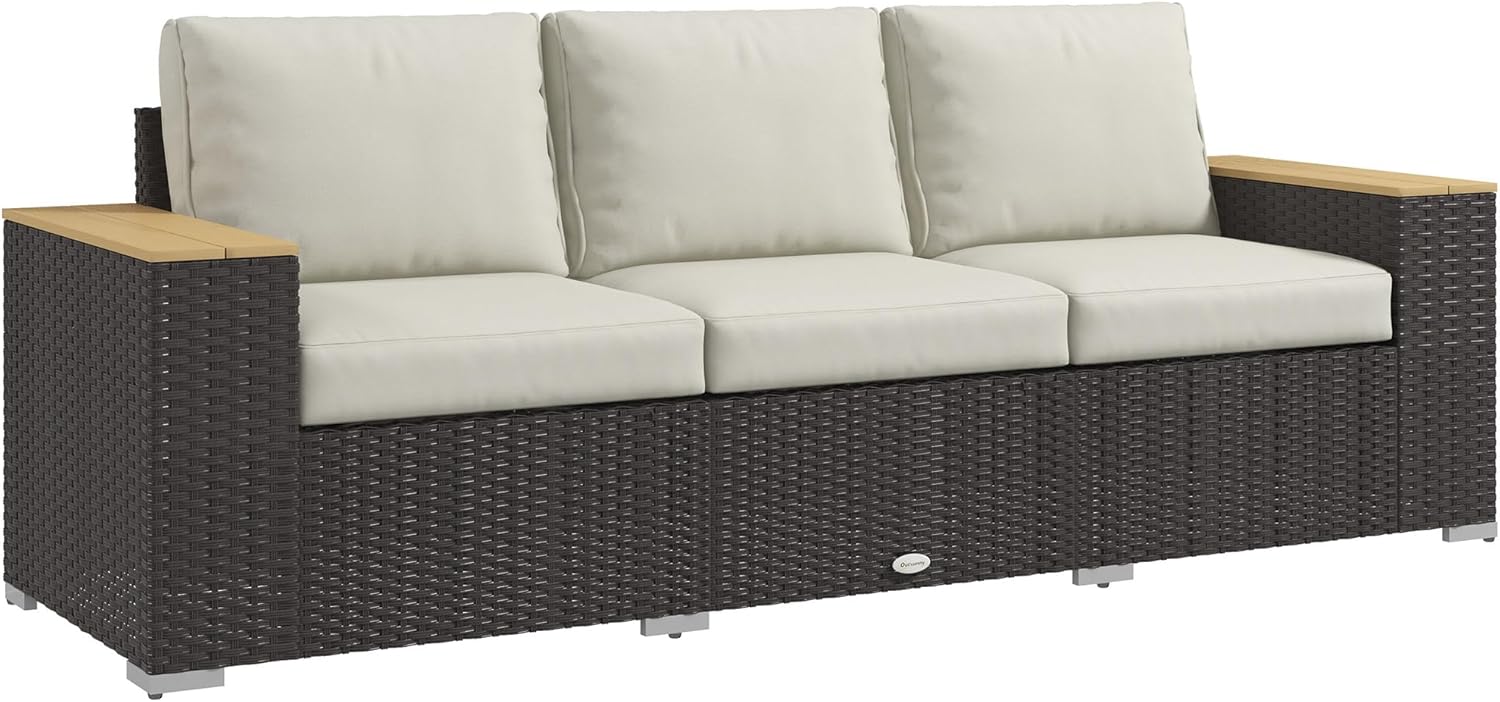 Outsunny 3-Seat Outdoor Patio Sofa with 24.5" Extra Wide Deep Seats, PE Wicker Sofa with Wide Wood Effect Armrests and 4" Cushions, Rattan Outdoor Couch for Porch, Garden, Poolside, Beige