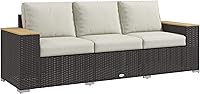 Outsunny 3-Seat PE Wicker Outdoor Patio Sofa with 24.5" Extra Wide Deep Seats, 4" Cushions & Wood Armrests, Beige Rattan Couch for Porch Garden Poolside