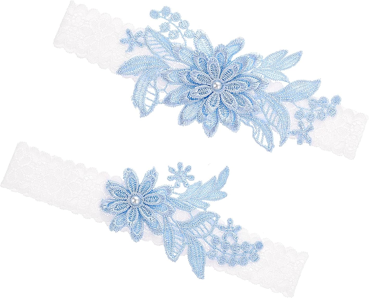 2 Pieces Wedding Garters for Bride, Blue Sexy Lace Leg Garter with Hand Sewn Faux Pearls Thigh Garter Party Prom Garter Set for Anniversary Prom Party Engagement Date