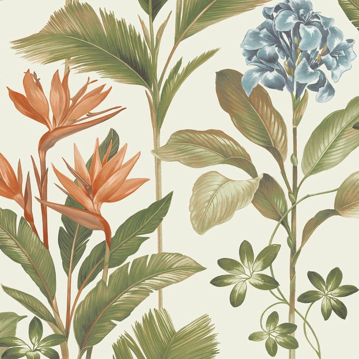 Yöl Green Orange Oliana Floral Wallpaper - Botanical Flowers Leaves Naturistic - Stylish Modern Feature Wall