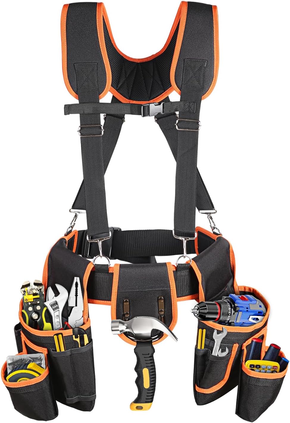 Tool Belt with Suspenders, Professional Tool Belt for Men, 18-Pocket Adjustable Heavy Duty Tool Organizer for Electrician, Carpenter, Framer, Construction Worker, Black & Orange (32''–66'') Black & Orange Adjustable waist: 32"–66" (81–168 cm)