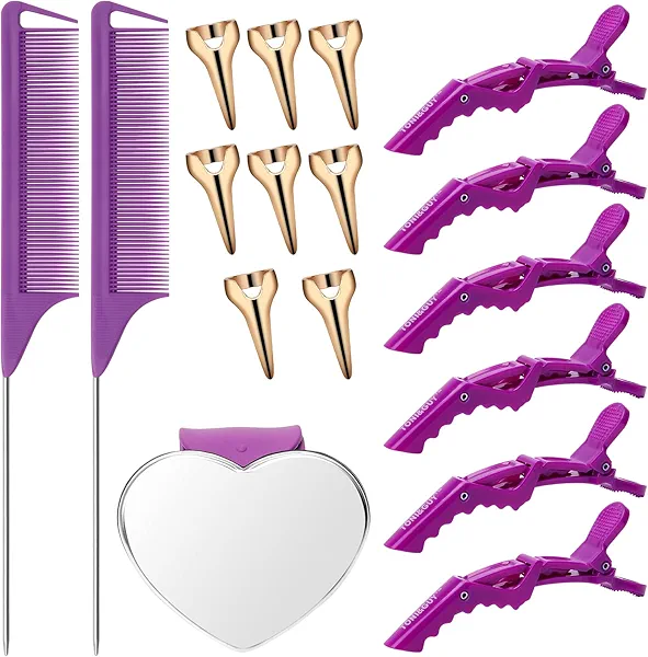 Coldairsoap Hair Parting Tools Set, 17 Pieces Including Hair Parting Rings, Sectioning Clips, Rat Tail Combs, Magnetic Wrist Pin Holder for Braiding (Purple)