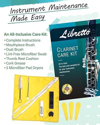 Miniatura 5 de Libretto Juego de clarinete Bb para principiantes e intermedios, boquilla y cañas de marca, soporte de música, kit de limpieza, instrucciones, funda