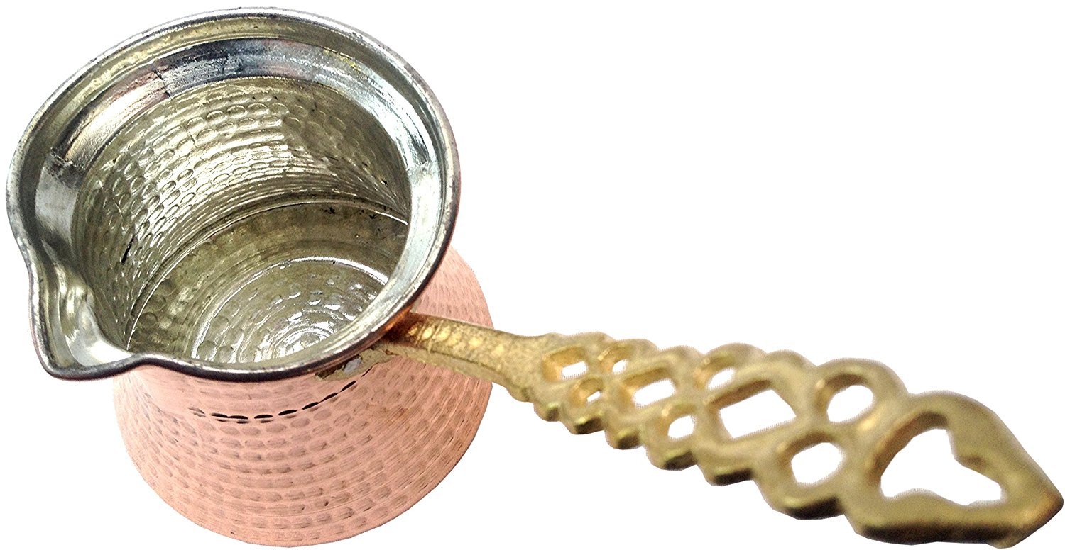 Premium Brass Copper Turkish Coffee Warmer Pot with Handle, Also for Turkish Greek Arabic Tea or Coffee 3-4 People (13oz / 350 mL)