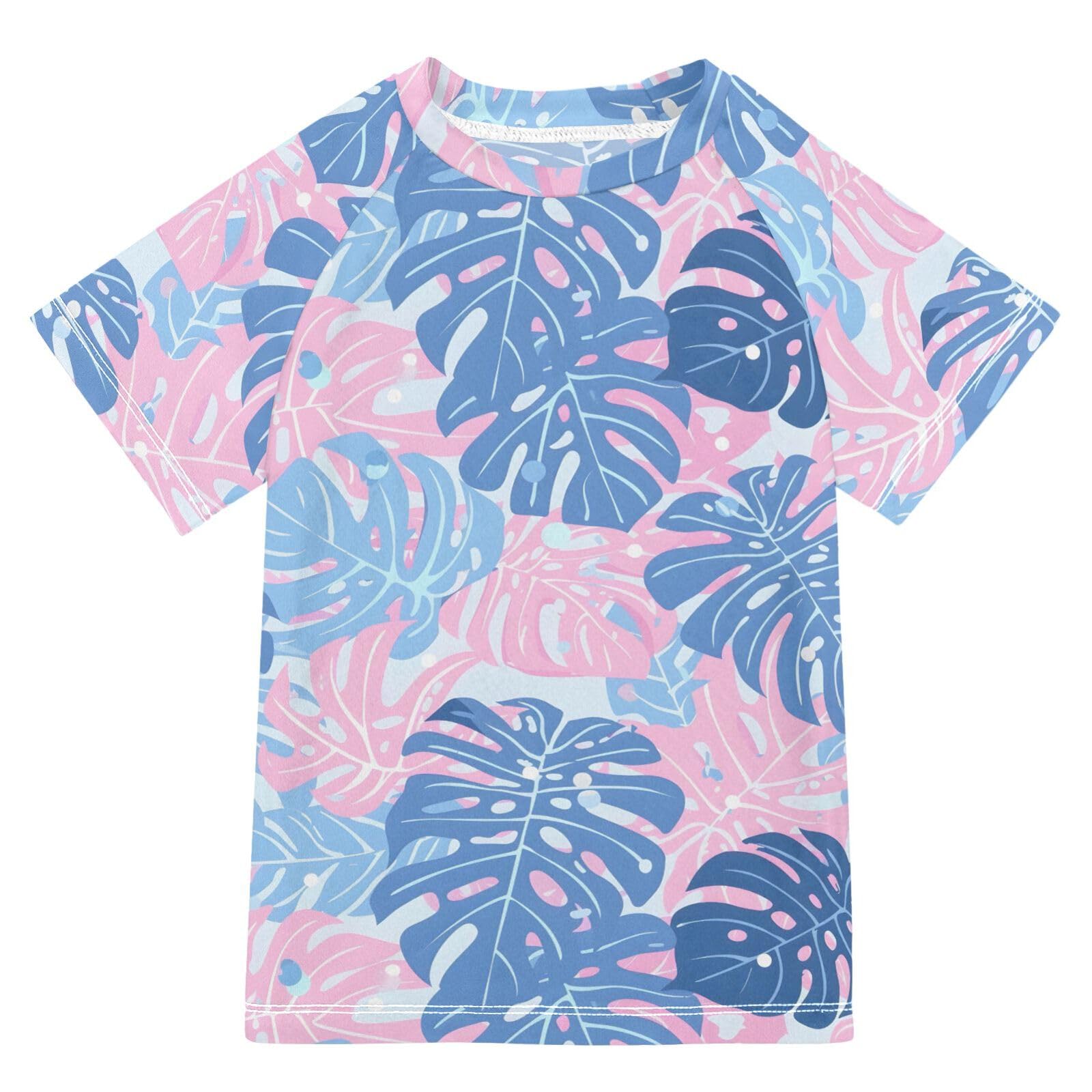 ALAZA Boys Swim Shirt Short Sleeve Rash Guard for Boys Girls UPF 50+ Blue Pink Monstera Leaves 9-10T