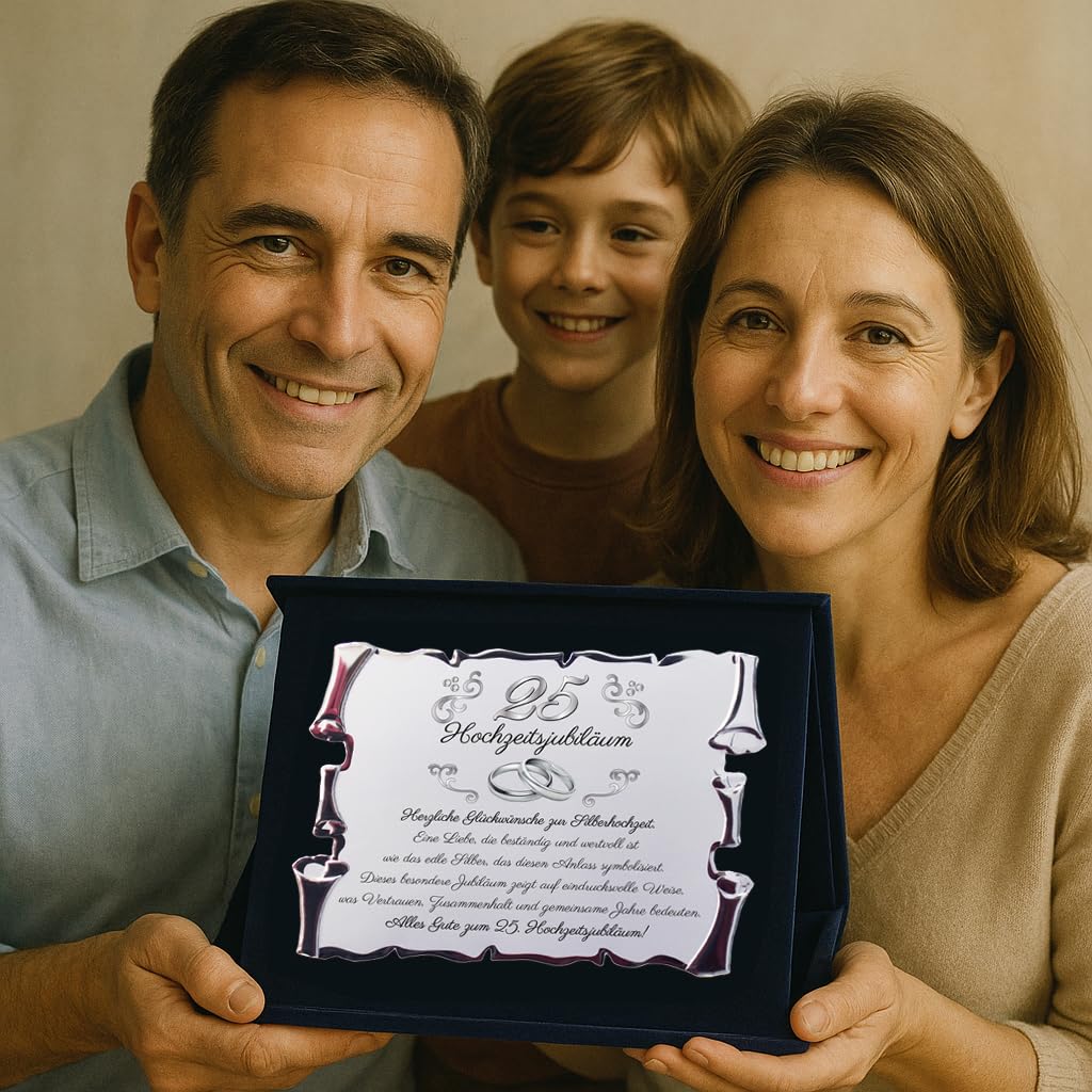 25. Hochzeitsjubiläum – Geschenk zur Silberhochzeit für Eltern, Großeltern & Freunde – Elegante silberfarbene Pergamenttafel in Samtbox – Besondere Erinnerung zum Ehejubiläum (Blau, 25 Hochzeit)