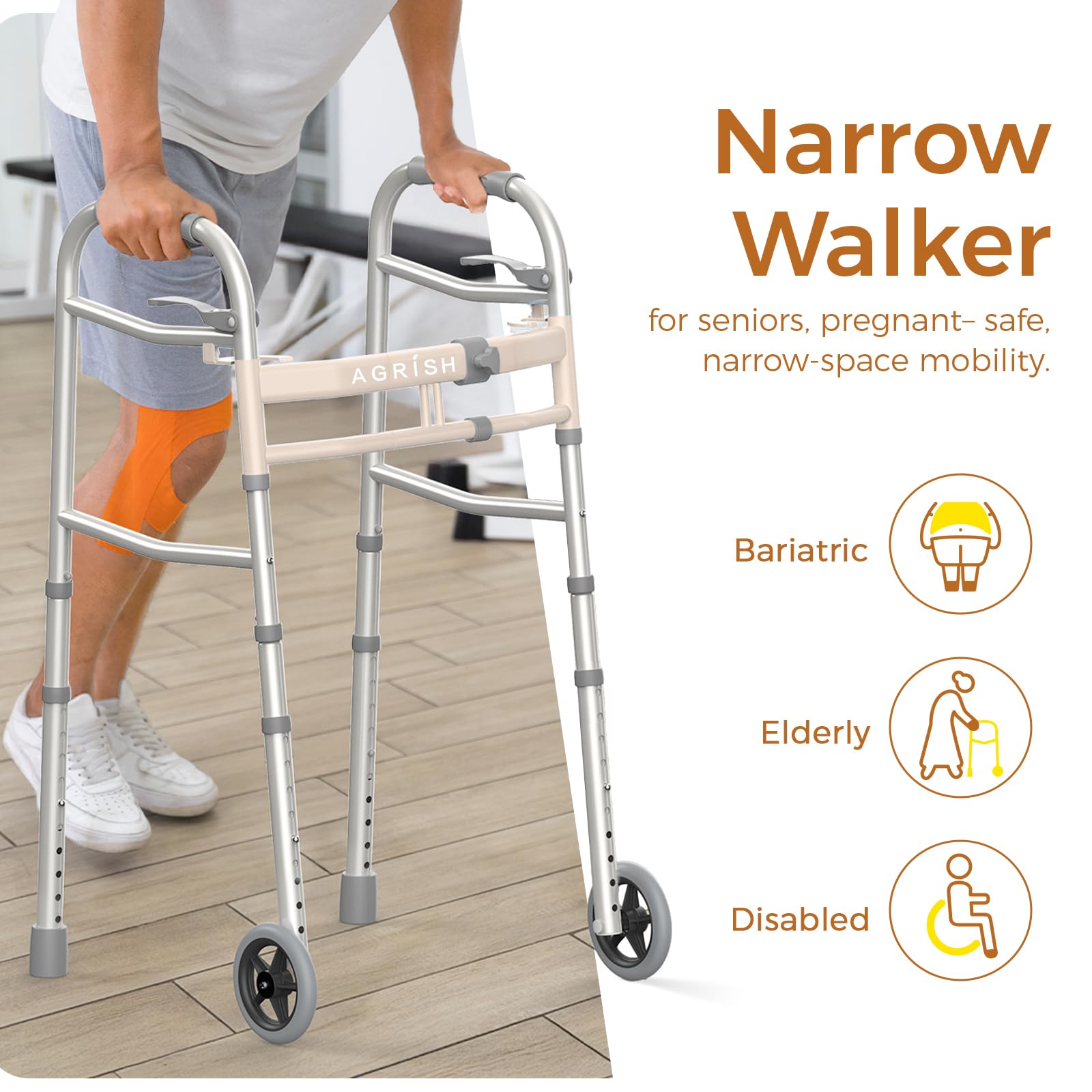 Deambulatore stretto pieghevole per anziani – Telaio leggero con ruote, larghezza e altezza regolabili, portata 160 kg, struttura compatta in alluminio per disabili