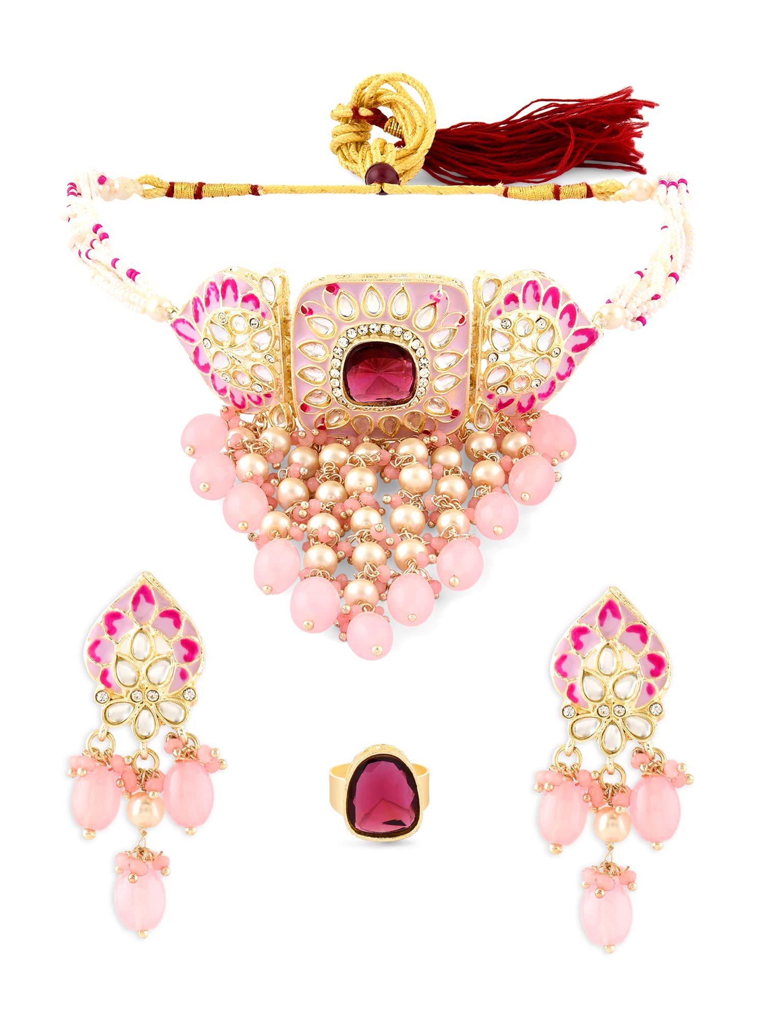ZAVERI PEARLS Pink Meenakari Cascading Waterfall Choker Necklace Earring & Ring Set For Women-ZPFK15895 (B0C4TWPK11) Amazon Price History, Amazon Price Tracker