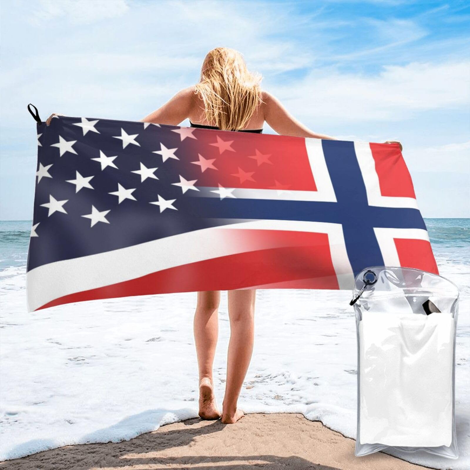 HACXZ Funny America Flag and Norway Norwegian Flag Absorbent Beach Towel Microfiber Beach Shower Towel 31.5"X63"