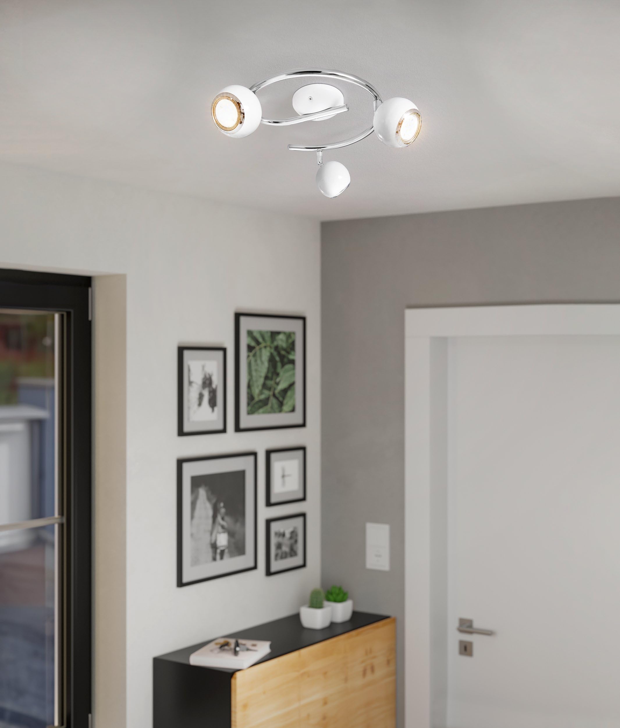 Eglo LED Lámpara de techo Bimeda, lámpara de techo de 3 luces, foco | de techo de metal en blanco y cromo, lámpara para salón, focos con bombillas GU10, luz cálida